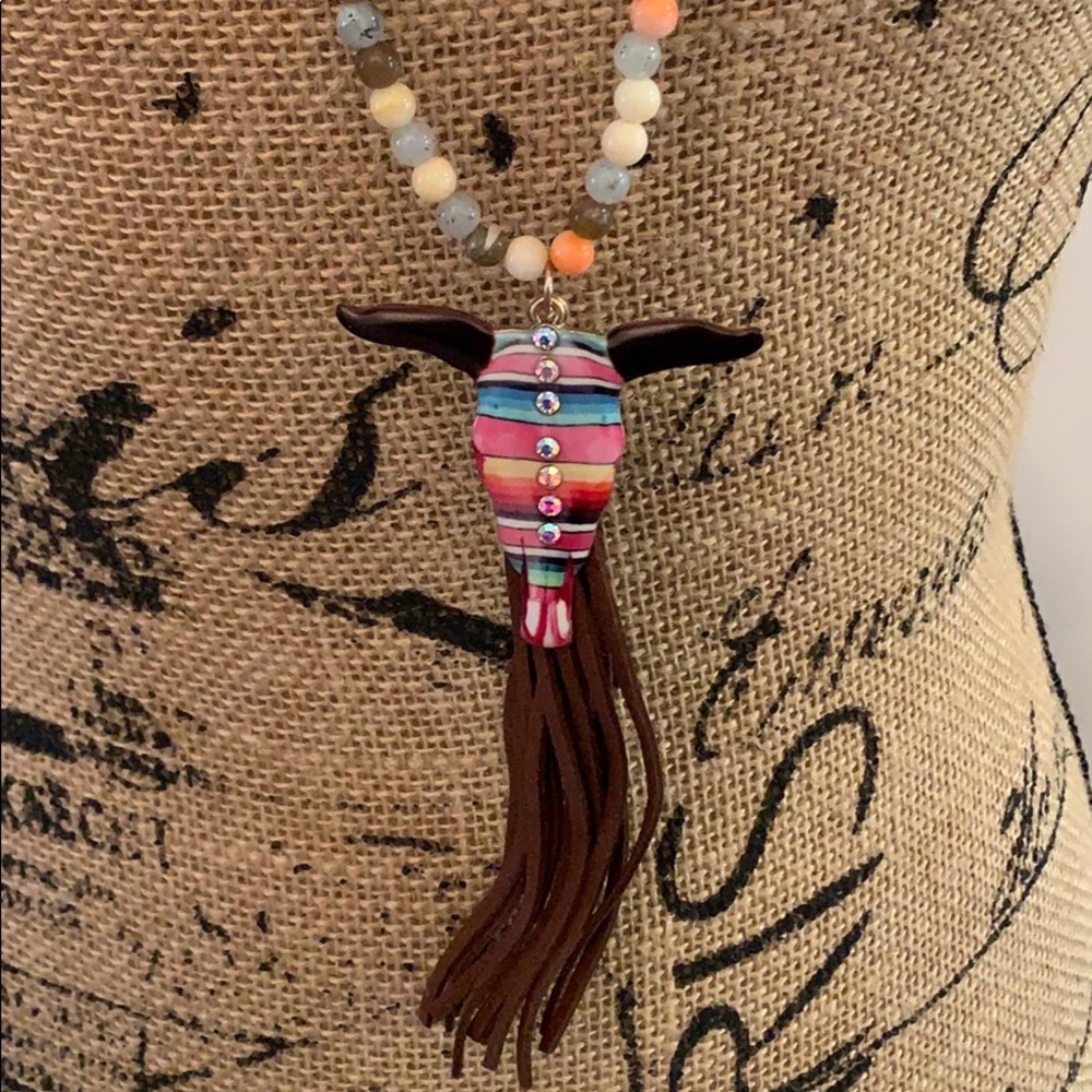 Steer Aztec Pattern Long Necklace & Earrings